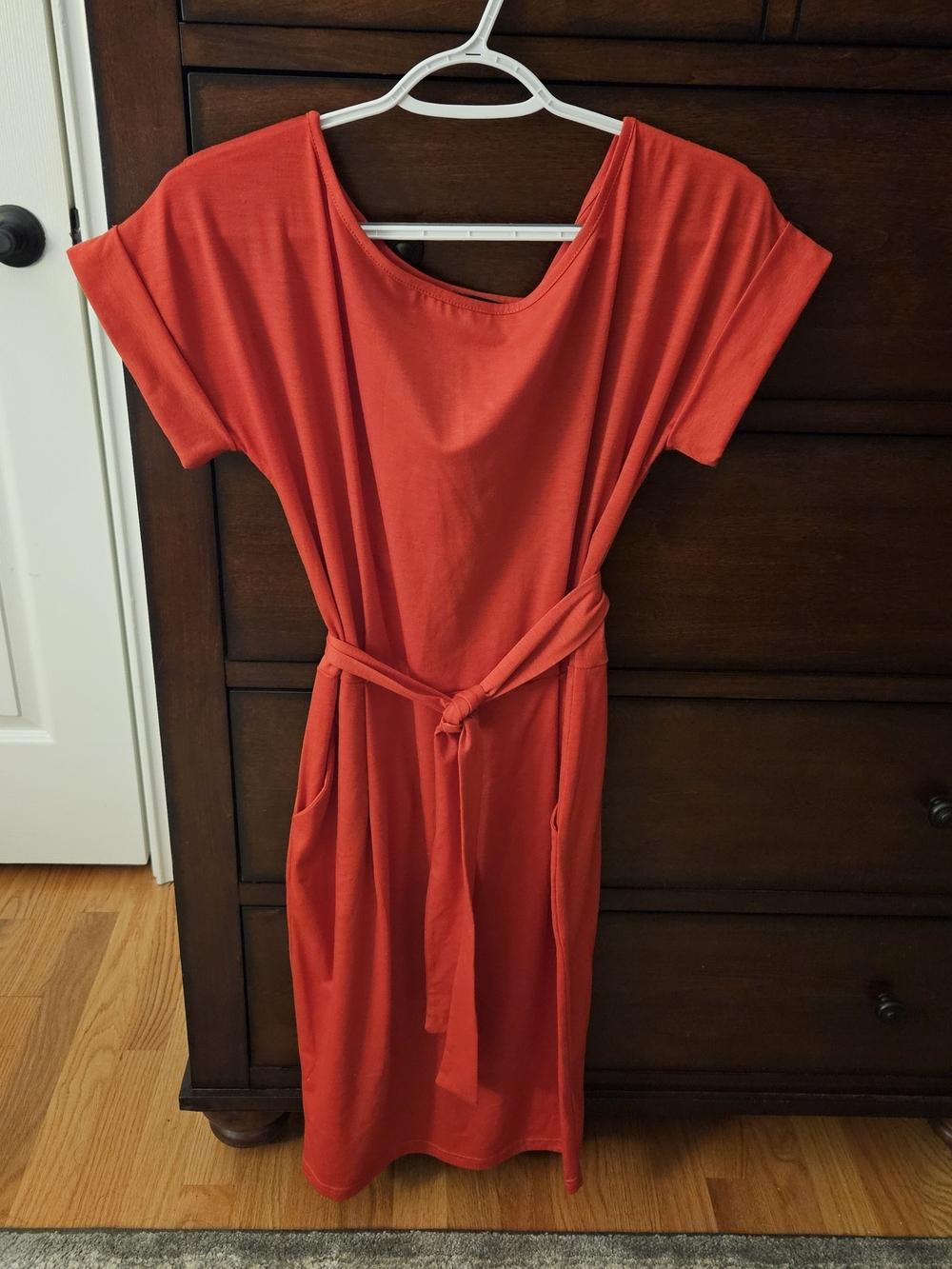 SHEIN Orang Short-Sleeve Midi Dress with Self-Tie Belt & Pockets
